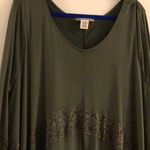Olive silky blouse w/lace on the top and sleeves